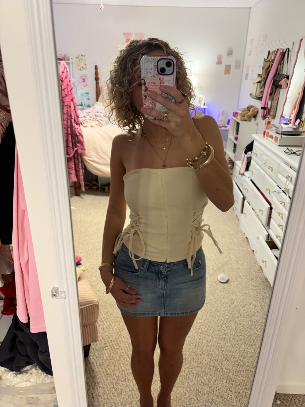 Strapless Lace-Up Corset Crop Top in Cream